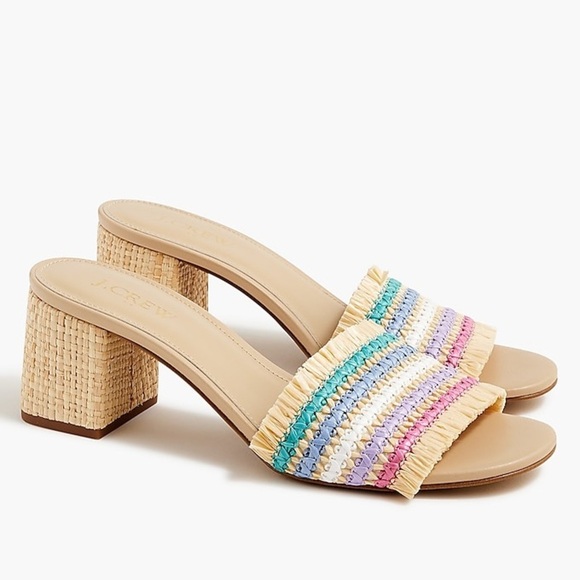 J.Crew Factory Woven Mule Heels Rainbow Raffia Tan Size 10 Women’s Business Prep - Picture 1 of 12